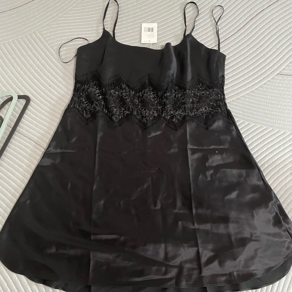 Ginia Black Satin Chemise with Lace Detail